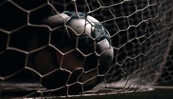 azul fútbol pelota patadas dentro el red generativo ai foto