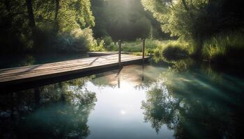 Tranquil scene of reflection on forest pond photo