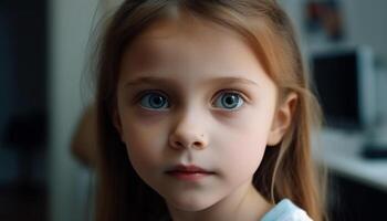 Cute Caucasian toddler with blue eyes smiling happily photo