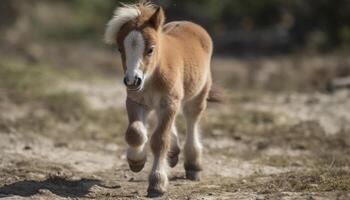 Cute foal running in green meadow photo