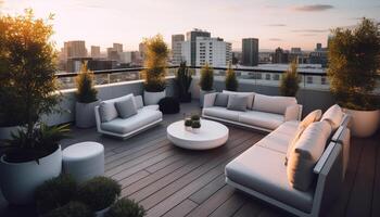 Luxury living room with city skyline view photo