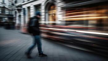 Rushing commuters blur through city streets at dusk photo