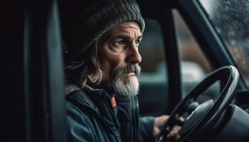 Confident driver in warm jacket, driving car photo