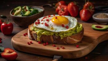 Grilled meat sandwich on rustic wooden plate photo