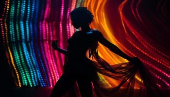 Glowing disco dancers on multi colored stage photo