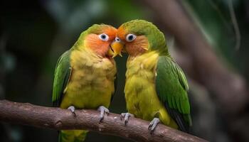 Vibrant macaws perching on green branch outdoors photo