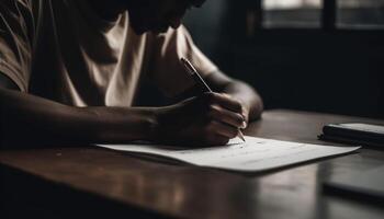 Caucasian male sitting at desk studying document photo