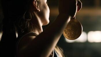 joven mujer participación oro moneda, lograr éxito generativo ai foto