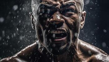 Muscular man screaming in the rain outdoors photo