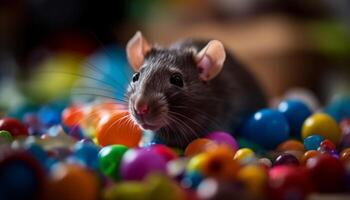 Fluffy rat plays with colorful gift ball photo