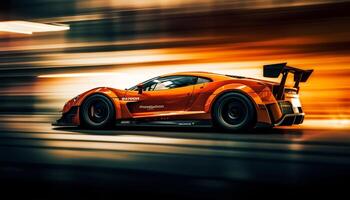 Shiny sports car speeds on illuminated asphalt photo