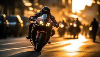 Silhouettes of bikers speed through illuminated city generative AI photo