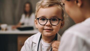 Smiling children with stethoscope, healthcare and happiness photo