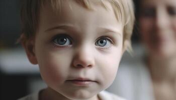 Cute Caucasian toddler with blue eyes smiling happily photo