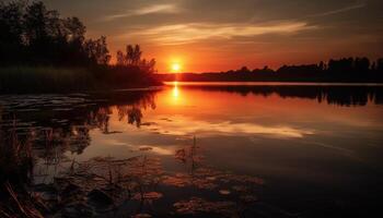 Golden leaves reflect in tranquil mountain pond photo