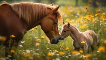 Mare and foal grazing in green meadow photo