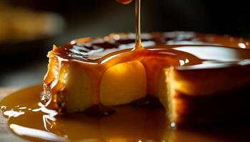 Indulgent cheesecake slice with sticky caramel sauce photo