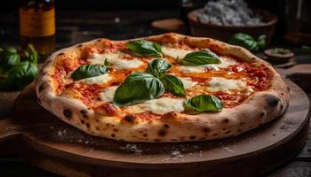 Freshly baked rustic pizza on wooden table photo