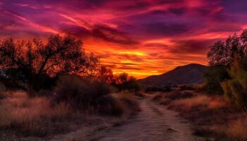 Silhouette of mountain range back lit by sunset photo