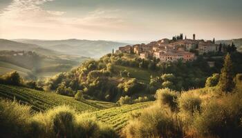 tranquilo puesta de sol terminado chianti viñedo y casa de Campo generativo ai foto