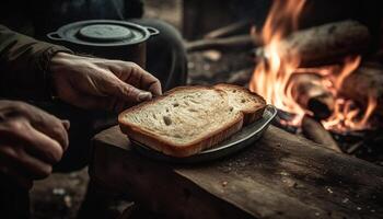 Hand holding freshly baked rustic bread slice over fire photo