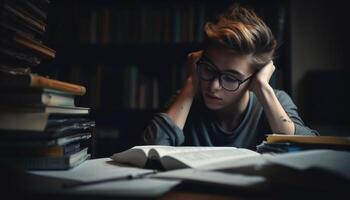 caucásico estudiante leyendo libro de texto en biblioteca, cansado generativo ai foto