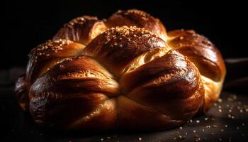 Freshly baked bread on rustic wooden table generated by AI photo