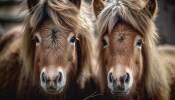 Bay horse and foal grazing in meadow generated by AI photo