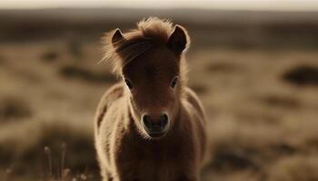 Cute foal grazing in meadow at sunset generated by AI photo