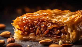 Freshly baked rustic pecan strudel, ready to eat generated by AI photo