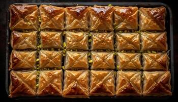 Baklava, honey syrup, walnut stuffed, Arabic style generated by AI photo