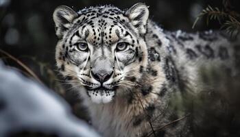 Bengala Tigre curioso, cerca arriba retrato en nieve generado por ai foto