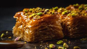 Baked baklava slice with honey and walnuts generated by AI photo