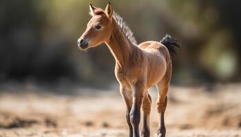 Cute foal grazing in meadow at sunset generated by AI photo