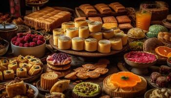 Abundance of colorful berry fruit on rustic plate generated by AI photo