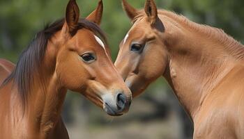 Thoroughbred mare and foal grazing in meadow generated by AI photo