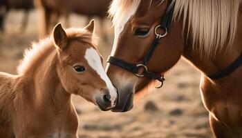 Sunset grazing two cute horses in meadow generated by AI photo