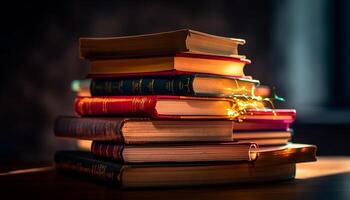 Abundance of wisdom on old bookshelf indoors generated by AI photo