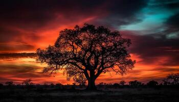 Moody sky over tranquil savannah landscape in Africa generated by AI photo