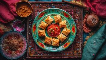 Homemade Indian dessert on ornate patterned plate generated by AI photo