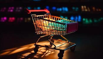 Metal shopping cart filled with groceries at night generated by AI photo