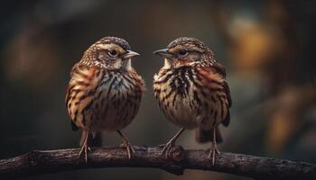 Small sparrow perching on branch, cute beak generated by AI photo