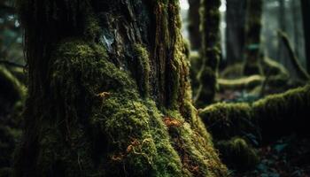 Autumn leaves on old tree trunk, tranquil scene generated by AI photo