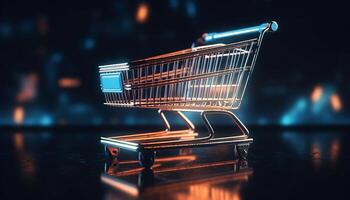 Metallic shopping cart in empty supermarket aisle generated by AI photo