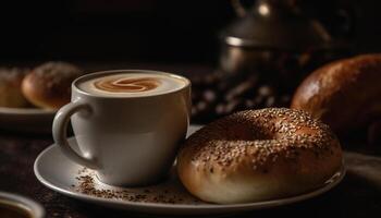 recién horneado rosquilla y capuchino en mesa generado por ai foto