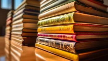 Abundance of knowledge on old bookshelf generated by AI photo