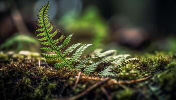 Fresh fern frond growth in lush forest generated by AI photo