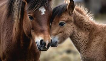 Cute mare and foal grazing in meadow generated by AI photo