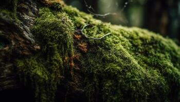 Fresh green leaves on wet forest branch generated by AI photo