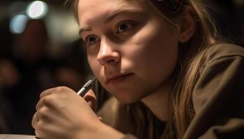 joven niña estudiando, concentrándose, y sonriente felizmente generado por ai foto